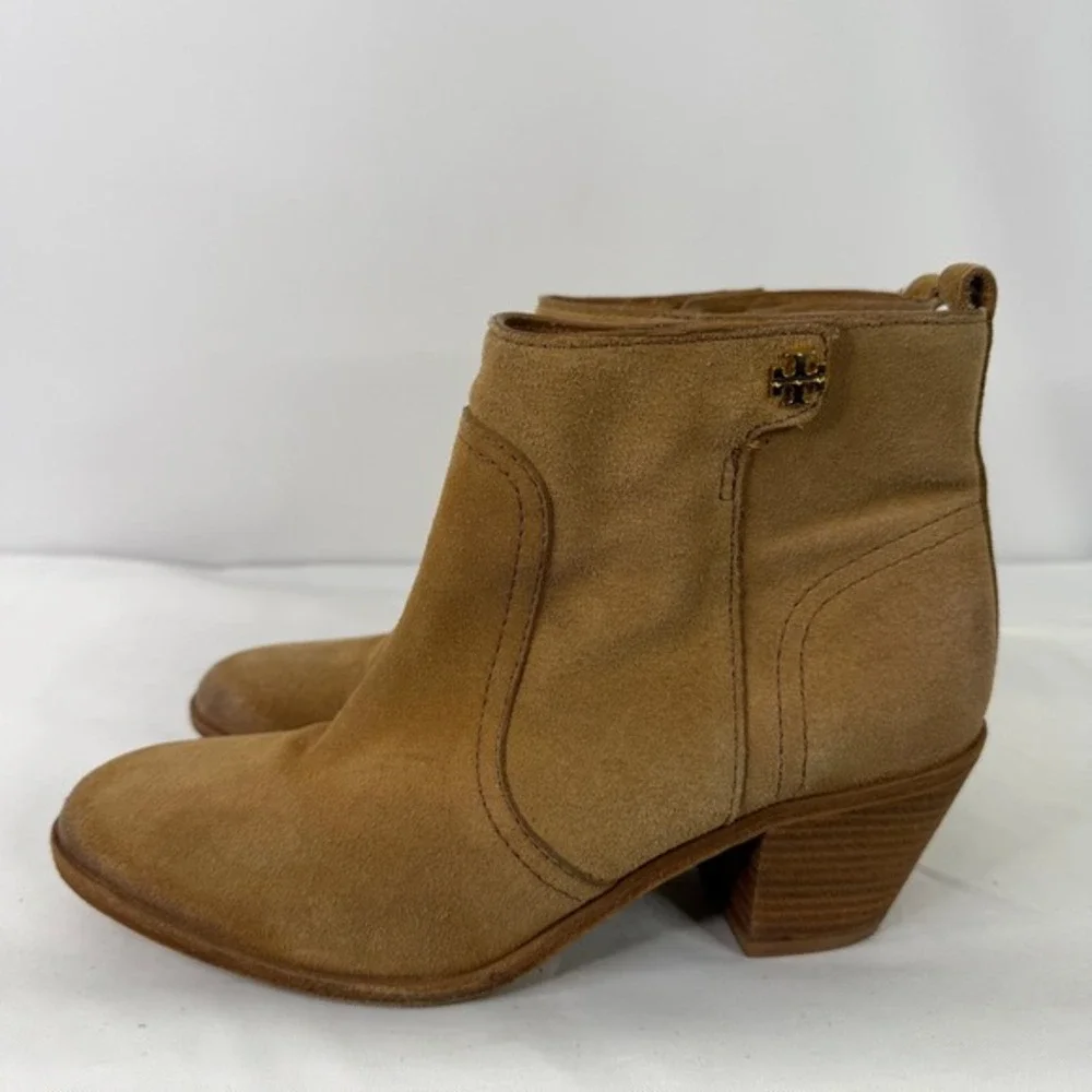 Tory Burch Sabe Tan Suede Ankle Boots Leather Sole Block Heel Brazil 7.5M‎